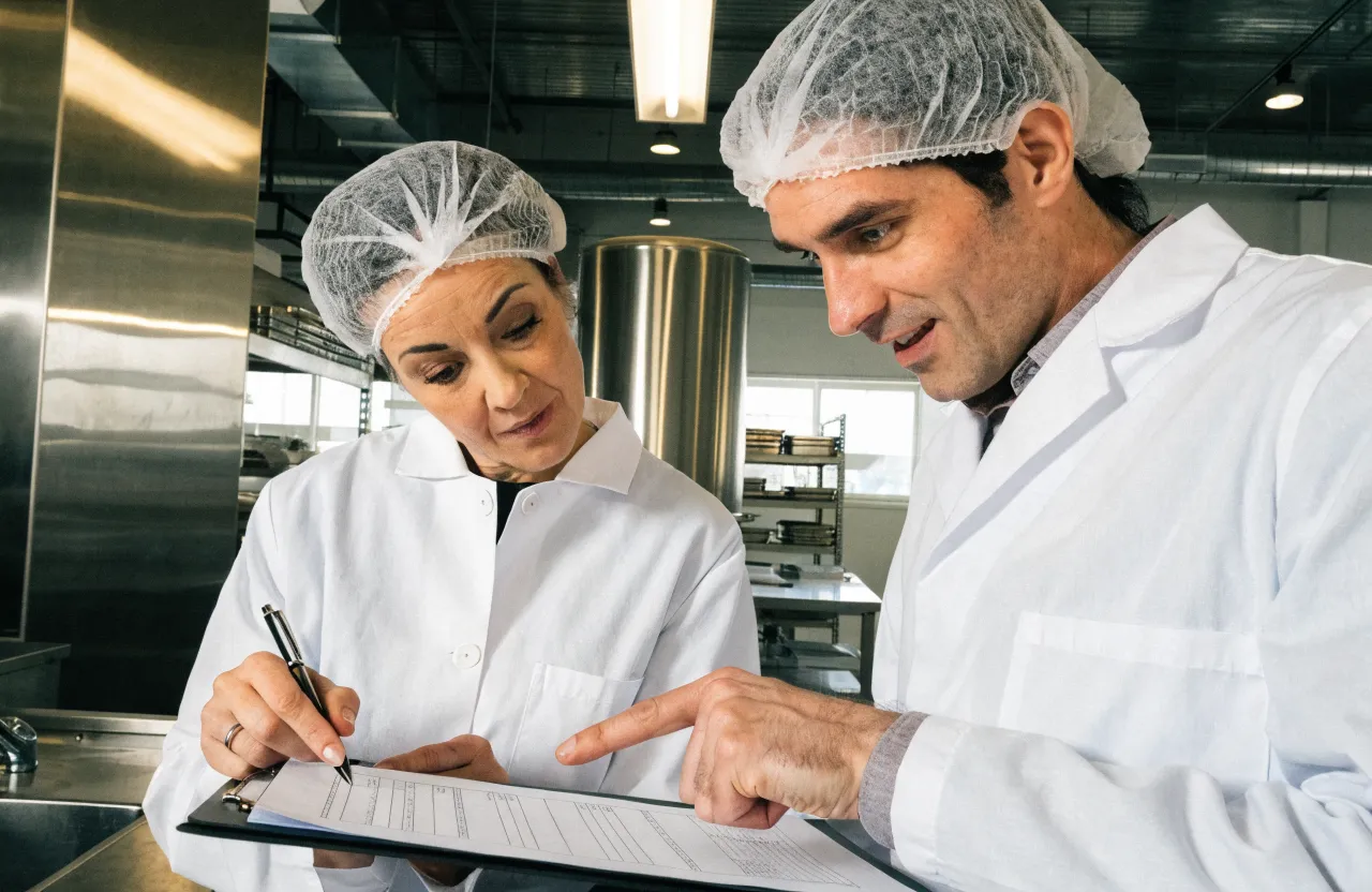 Consultor de QF&S revisando una checklist con un gerente de planta